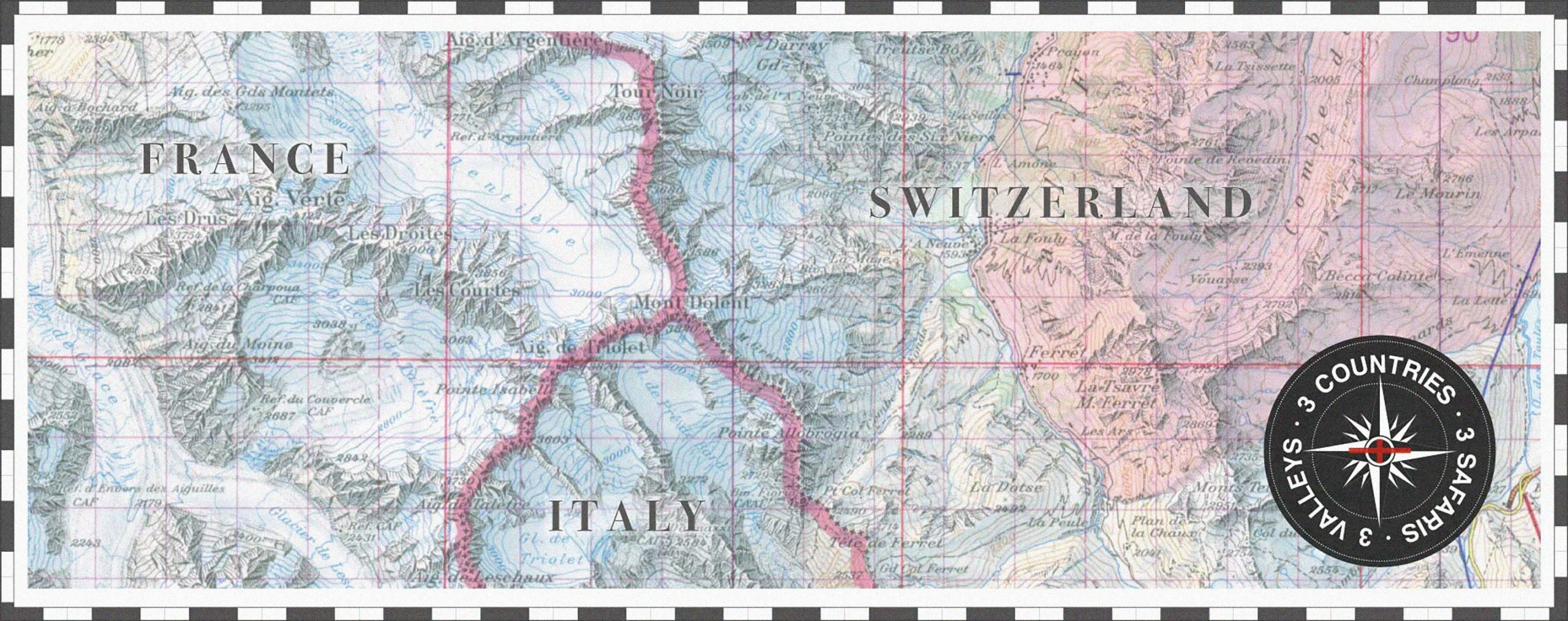 Map showing where Switzerland, Italy and France meet in the Alps, the tri-country border region covered by our guided safaris
