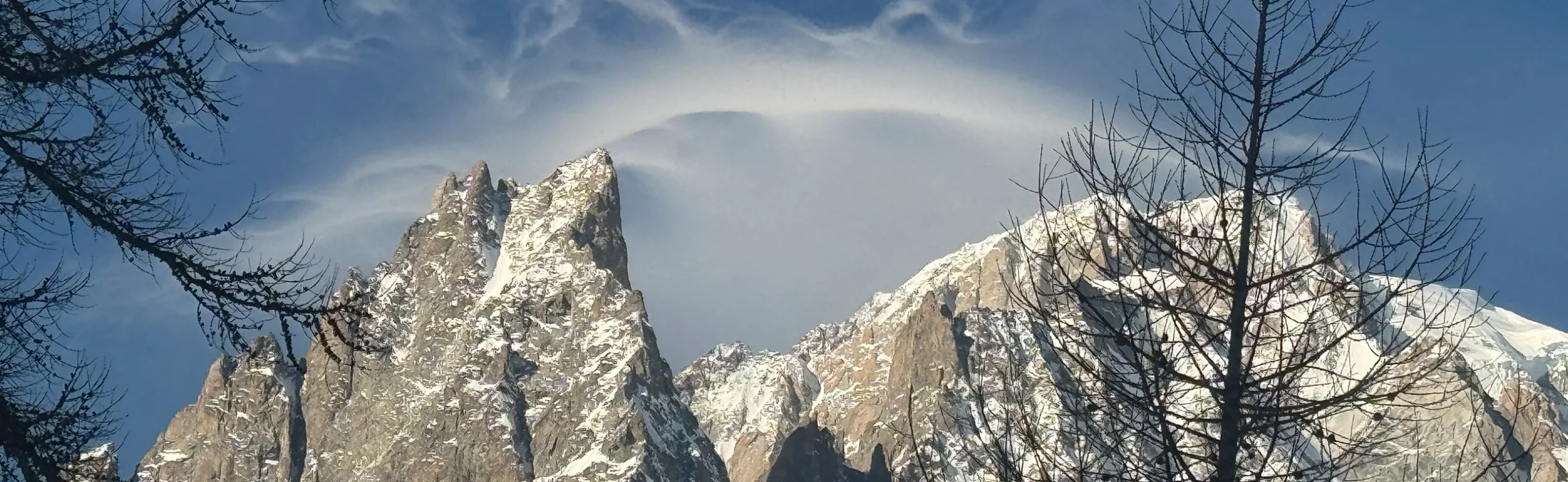 alpine-granite-peaks-panorama-mont-blanc-massif Jagged snow dusted granite peaks in the Alps, framed by bare tree branches